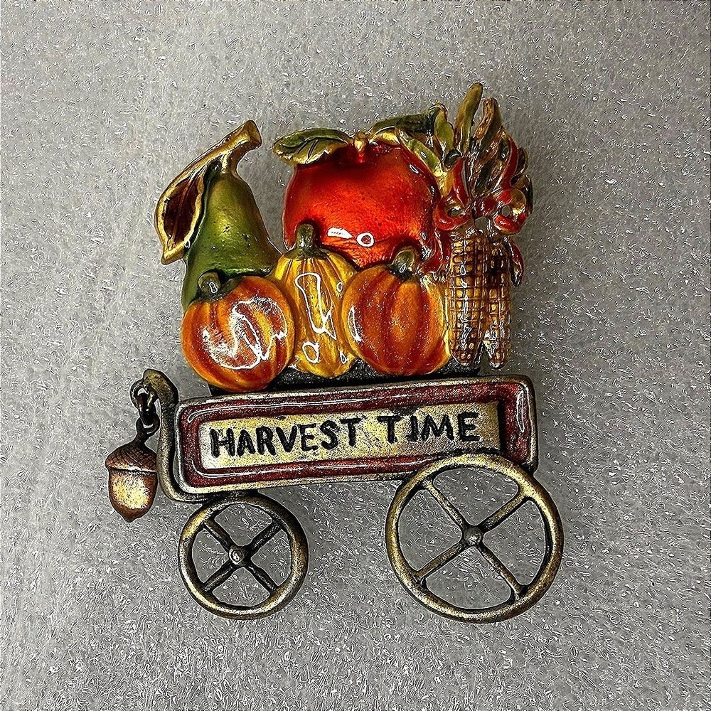 KC Harvest Time Wagon Brooch Enameled Pumpkin Fall Thanksgiving Pin Acorn Charm